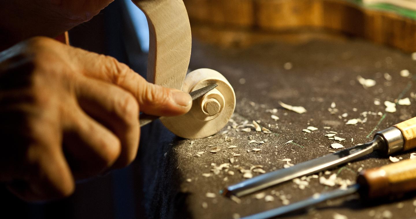 Detail of the work of a violin maker, Cremona.